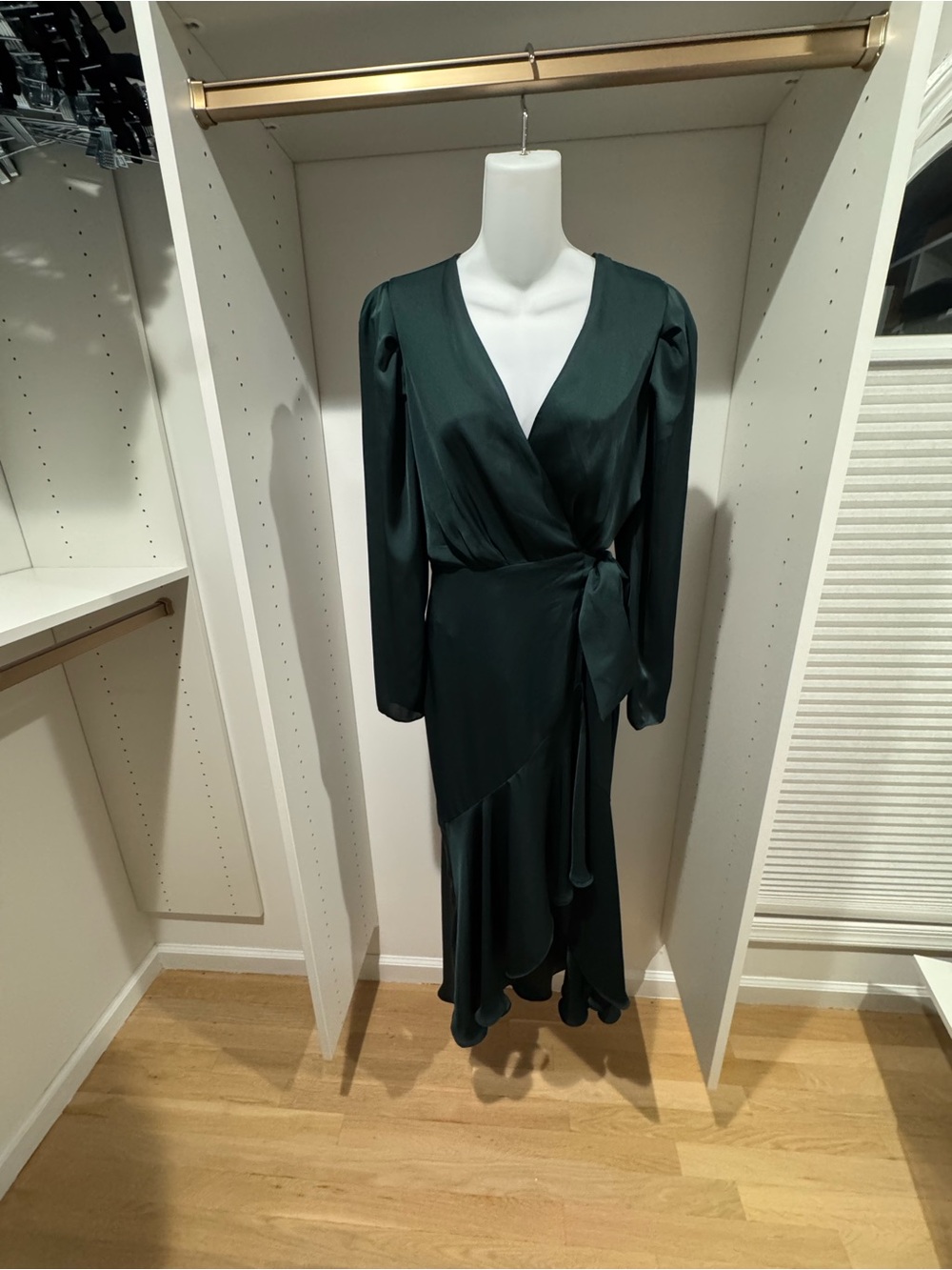 Express Dark Green Satin Wrap Midi Dress